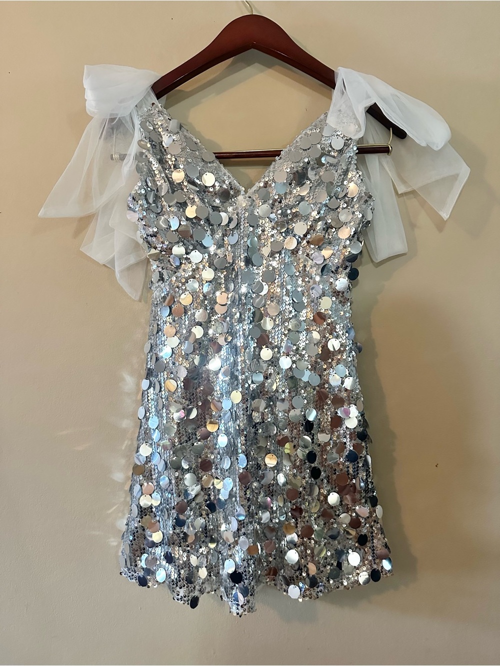 NWT Angel Biba Silver Sequin Glitterati Mini Dress with Bow Tie Shoulders, Sz 6
